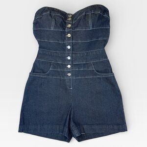Express Womens Denim Strapless Button-Up Open Back Romper Size 6